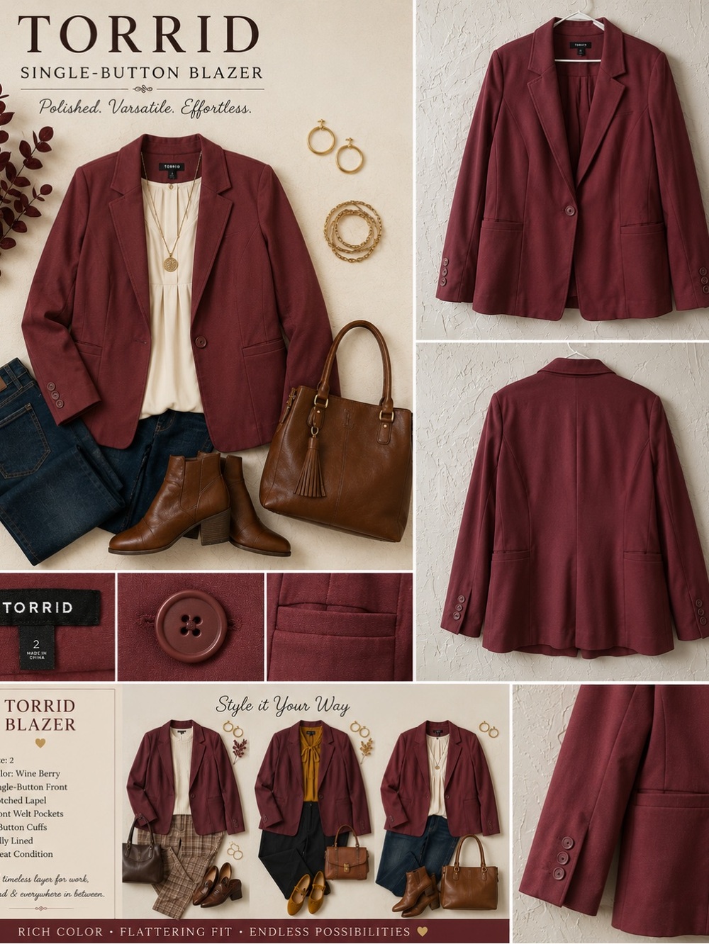 torrid Wine-Red Single-Button Blazer